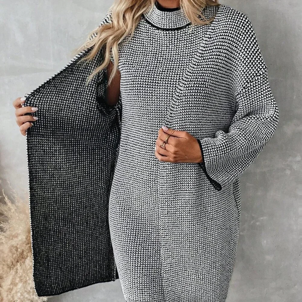 Multicolor Casual Women's Long Sleeve Cardigan & Stand Collar mini dress set - Picture 5 of 8